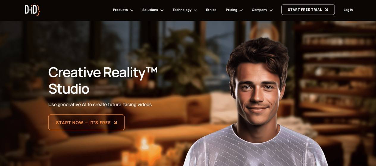 Zu sehen ist ein männlicher Avatar auf der D-iD-Plattform. D-iD ist eine Plattform, die mit KI Avatarvideos erstellt.
